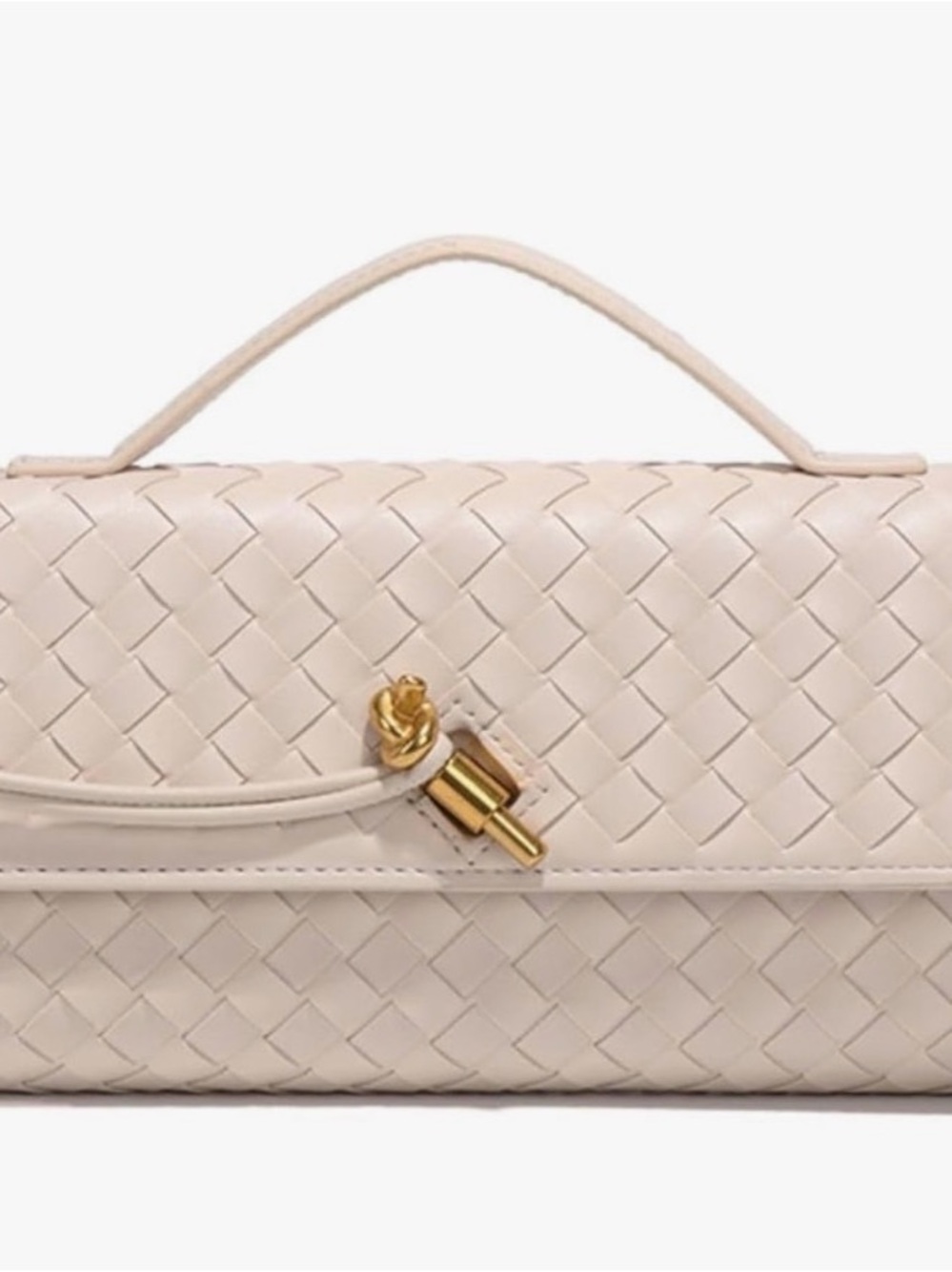 Woven Leather Top-Handle Clutch in Cream